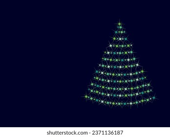 Weihnachtsbaum. Muster von hellen funkelnden magischen Neon mehrfarbigen Teilchen, Funken und Sternen, die mit besonderem Licht scheinen. Platz für Text. Abstraktes Weihnachtsvektormuster auf dunklem Hintergrund. 