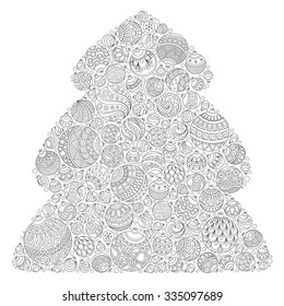 Christmas tree. Pattern for coloring book. Christmas hand-drawn decorative elements in vector. Fancy Christmas balls. Black and white pattern.  Zentangle