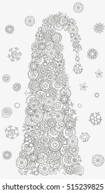 Christmas tree. Pattern for coloring book. Christmas hand-drawn decorative elements in vector. Fancy Christmas snowflakes. Coloring book page for adult. Black and white.  Zentangle coloring book.