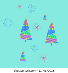 Christmas tree pattern, ellipses,stripes, snowflakes halftone, snow. Hand drawn.
