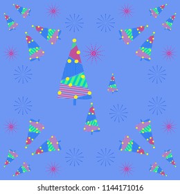 Christmas tree pattern, ellipses,stripes, snowflakes halftone, snow. Hand drawn.
