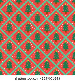 Christmas tree pattern with falling snow in winter on red background 