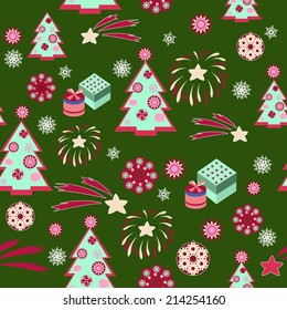 Christmas tree pattern with gifts boxes on green background 