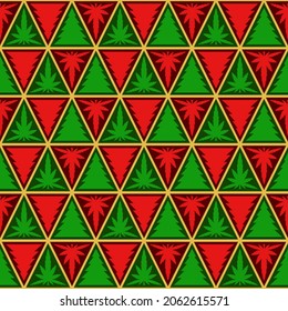 Patrón de árbol de Navidad y hojas de marihuana. Formas geométricas de triángulo verde, rojo y dorado. Fondo abstracto sin inconvenientes. Diseño de textura para tela, azulejos, cubierta, afiche, pared. Ilustración vectorial.