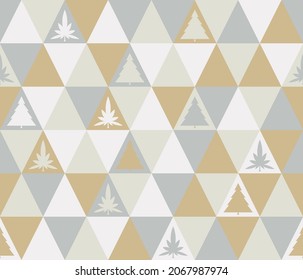 Weihnachtsbaummuster und Marihuana-Blätter sind dreieckig. Nahtloses abstraktes weißes graues Gold auf weißem Hintergrund. Textur Design für Gewebe, Fliesen, Deckel, Poster, Wand. Vektorgrafik.
