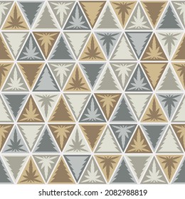 Christmas tree pattern and marijuana leaves. Gray and brown triangle geometric shapes. Seamless abstract background. Texture design for fabric, tile, cover, poster, wall. Vector illustration.