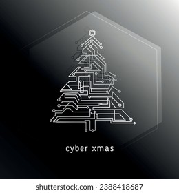 Christmas tree with a pattern of microcircuits in a hexagon geometric figure vector illustration.Cyber Christmas and New Year poster banner template.Modern technology concept.Cyber Xmas