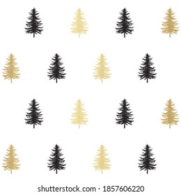 Weihnachtsbaummuster. Noel-Gold-Druck, Winterurlaubsdekoration im Neujahr, goldener Weihnachtshintergrund mit Schnee und Schnee, Tapete, Verpackungsdesign