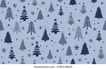 Patrón de árbol de Navidad sobre fondo azul, ilustraciones dibujadas a mano