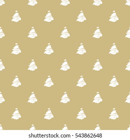 Christmas Tree pattern on gold background. Hand drawn abstract fir-tree vector illustration