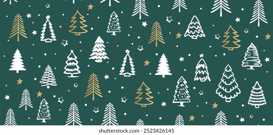 Patrón de árbol de Navidad sobre fondo verde, ilustraciones dibujadas a mano.	