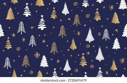 Christmas tree pattern on purple background, Hand drawn illustrations.	