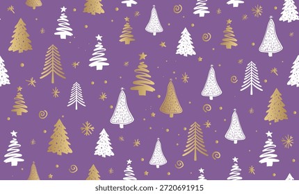 Patrón de árbol de Navidad sobre fondo púrpura, ilustraciones dibujadas a mano.	