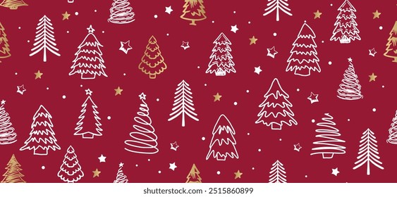 Christmas tree pattern on red background, Hand drawn illustrations.	