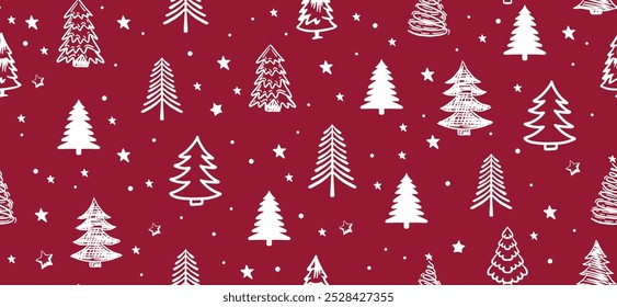 Christmas tree pattern on red background, Hand drawn illustrations.