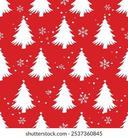 Christmas tree pattern on red with snowflakes for holiday decor