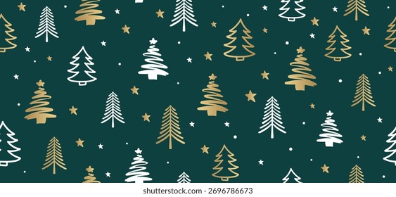 Christmas tree pattern on red background, Hand drawn illustrations.