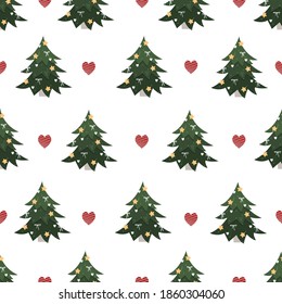 Christmas tree pattern on a white background with hearts. Trendy new year ornament for gift wrapping in flat style. Vector stock illustration