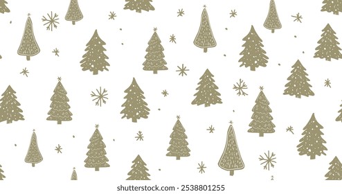 Patrón de árbol de Navidad sobre fondo blanco, ilustraciones dibujadas a mano.	
