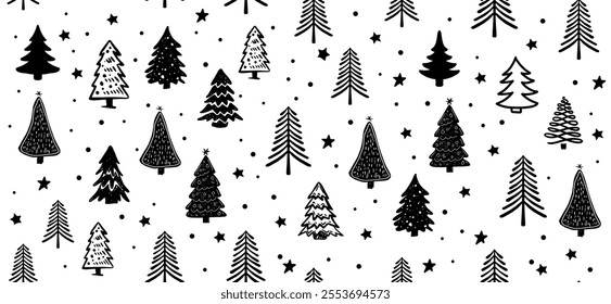 Christmas tree pattern on white background, Hand drawn illustrations.	