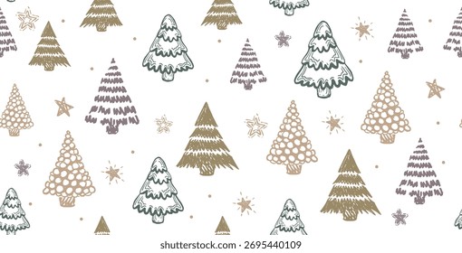 Christmas tree pattern on white, hand-drawn illustrations.	