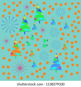 Christmas tree pattern, quadrangles, triangles, snowflakes halftone, snow. Hand drawn.