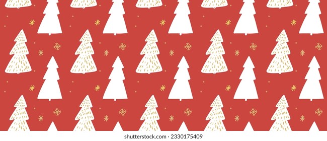 Christmas tree pattern, seamless background for wrapping paper, hand drawn spruces and snowflakes on red.