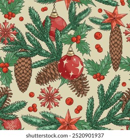 Patrón de árbol de navidad colorido sin fisuras con ramas de conífera decoradas con bolas rojas y conos de pino Ilustración vectorial