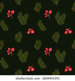 Christmas tree pattern, seamless texture. Conifer branches and red berries on dark background. Gift wrapping paper