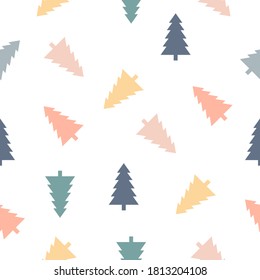 Christmas tree pattern seamless white background. Colorful forest trees vector illustration in pastel colors.