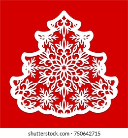 Christmas tree with pattern of snowflakes. Laser cutting template for greeting card, envelope, invitation, interior element. Vector xmas paper cutting ornamental panel. Die cut card. Wood carving.