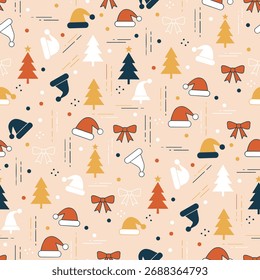 Christmas Tree Pattern Vector. Seamless Christmas Tree Pattern with Santa hat and Bow. Holiday cheer seamless pattern Background.