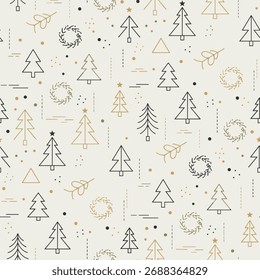 Christmas Tree Pattern Vector. Seamless Christmas Tree Pattern with wreath and ribbon. Festive decoration seamless pattern Background.