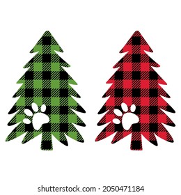 Christmas tree with paw prints  of dogs and cats. Merry  Christmas. Buffalo Plaid Dog Paw. Love dogs. Vector illustration. Isolated on white background.