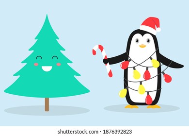 Christmas tree and penguin. Set of cartoon characters. Vector illustration.