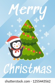 Christmas tree and penguin vector illustration. For invitations, signs, leaflets, posters, postcards. Merry Christmas