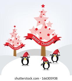 Christmas tree. Penguin. Vector illustration.