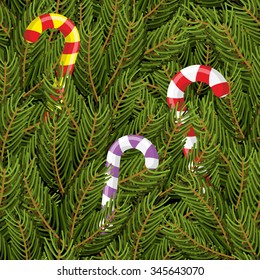 Christmas tree and Christmas Peppermint lollipop seamless pattern. Festive background of FIR branches and sweets for holiday. 