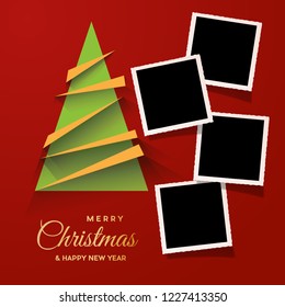 Christmas tree with photos, blank frames. Vector template with pictures to insert