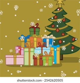 christmas tree with pile of presents flat vector illustration on okr background