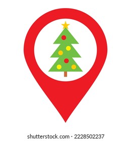 Christmas tree with pin map location logo vector icon, illustration, design, red point