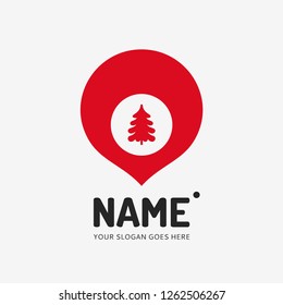 Christmas tree and pin point form. Vector logo design. Business concept icon.