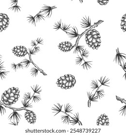 Árvore de Natal, Pine Branch Plano de fundo sem emenda padrão, Fir Cone desenhado, Ilustração Botânica Decorativa para Design, Vetor