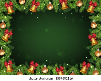 Christmas tree pine branch frame with golden bells and baubles - festive banner template with blank copy space. Rectangle border decoration - vector illustration.