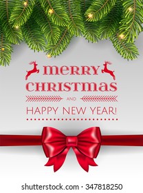 Christmas Tree Pine Branches Like Frame on White  Background with red bow