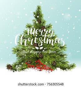 Christmas tree with pine cones in the snow - Christmas greeting card with brush lettering