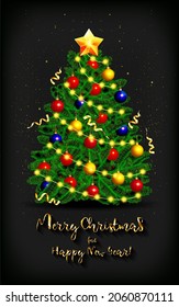 Christmas tree pine decor presents new year home winter intrerier.. Vector illustration