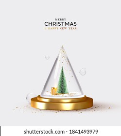 Christmas tree and pine fluffy with gift design. Cone glass pyramid with Christmas and New Year composition. Festive decorative realistic object. holiday background. vector illustration.