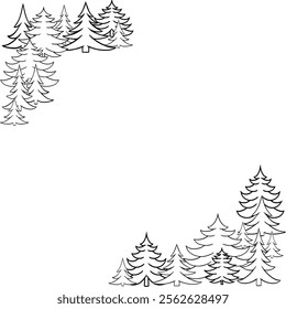 Christmas tree pine tree forest decoration. Square corner frame. Vector graphic line template Winter season . Transparent background 
