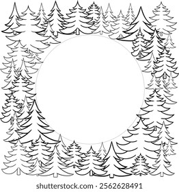 Christmas tree pine tree forest silhouette circle round frame decoration. Hand drawn graphic line style vector illustration. For New year, winter season headers, cards, party posters.
